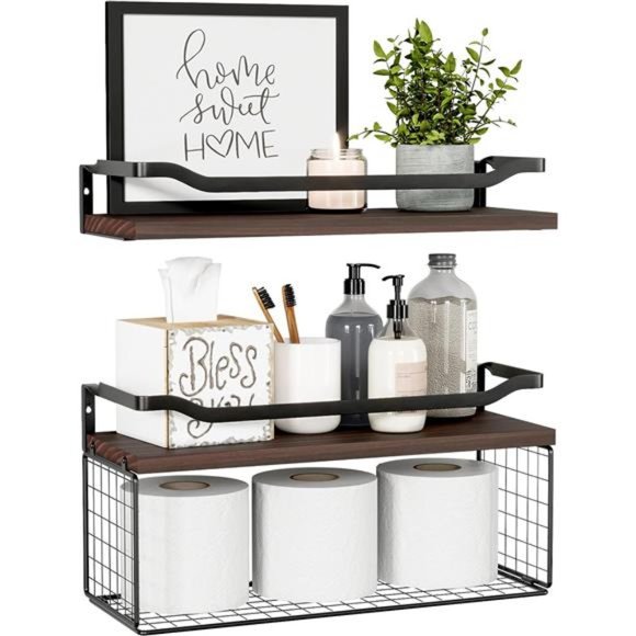 Floating Shelves with Wire Storage Basket, Bathroom Shelves Over Toilet